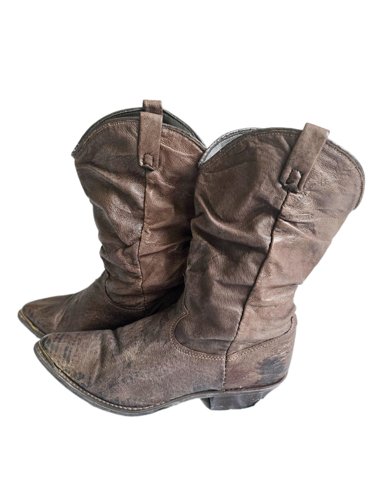 Vintage Dingo Cowboy Boots US 8, Dark Brown Leather Western Boots, Mid Calf Cowgirl Boots, Boho Hippie Festival Boots UK 6