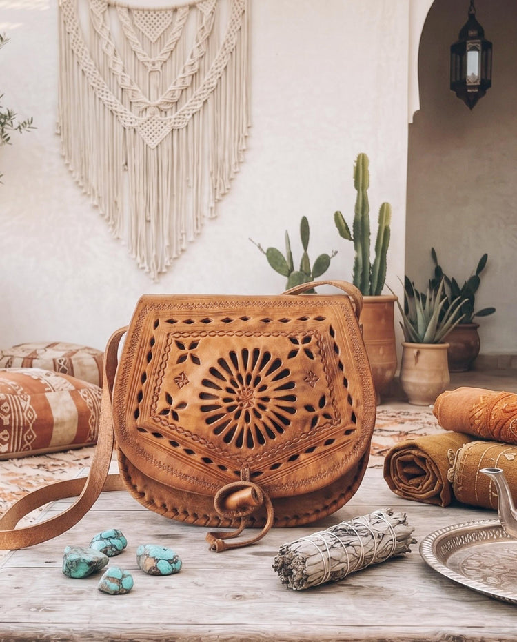 Vintage Moroccan Leather Saddle Bag, Tooled Tan Brown Crossbody Purse, Boho Embossed Mini Satchel