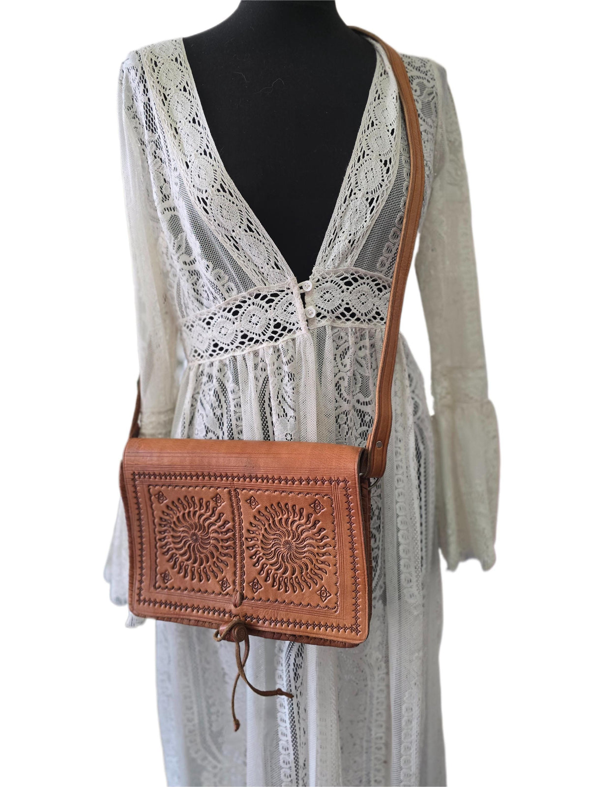 Vintage Moroccan Leather Saddle Bag, Tooled Tan Brown Crossbody Purse, Boho Embossed Shoulder Satchel