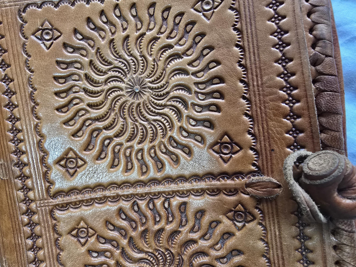 Vintage Moroccan Leather Saddle Bag, Tooled Tan Brown Crossbody Purse, Boho Embossed Shoulder Satchel