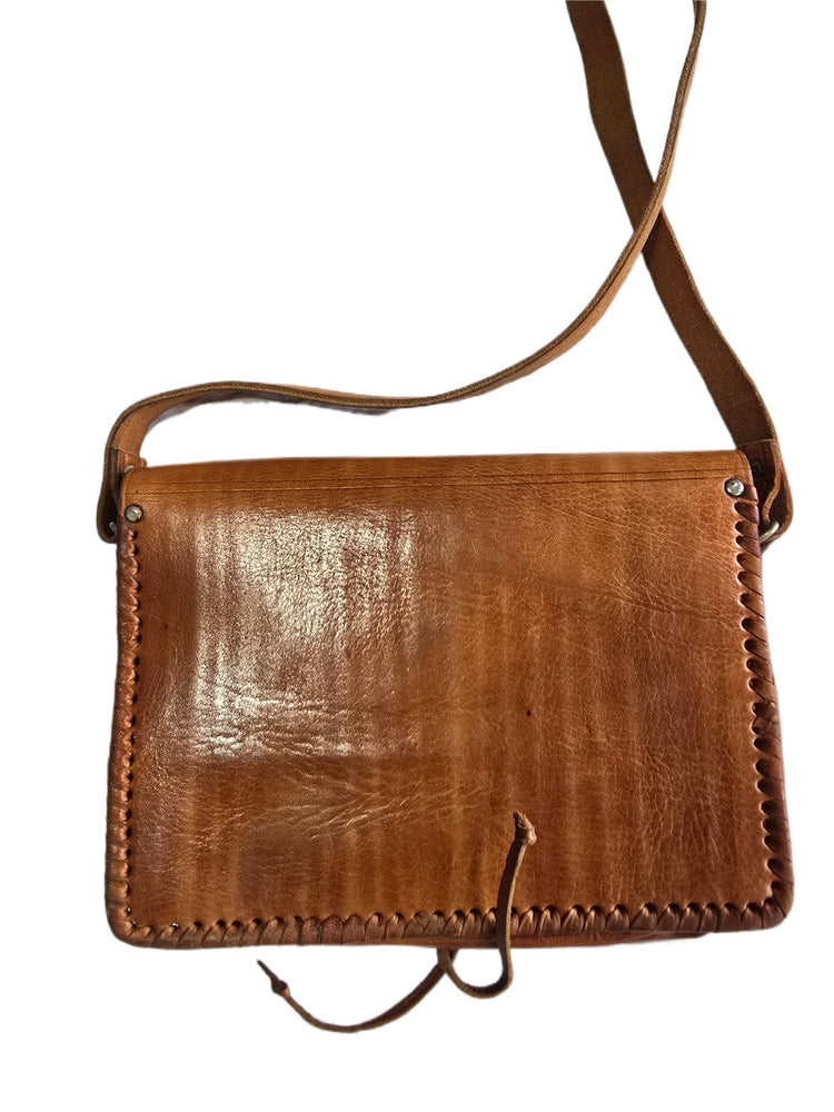 Vintage Moroccan Leather Saddle Bag, Tooled Tan Brown Crossbody Purse, Boho Embossed Shoulder Satchel