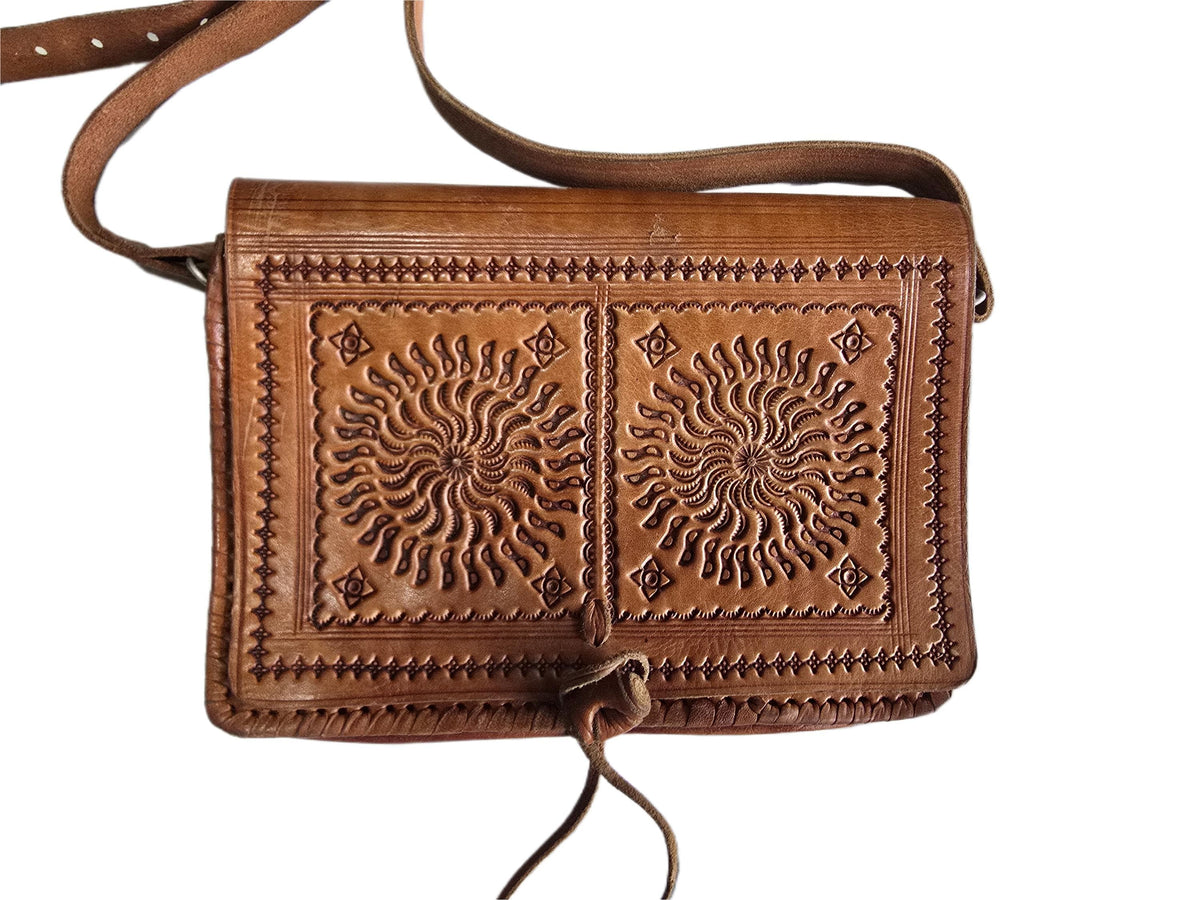 Vintage Moroccan Leather Saddle Bag, Tooled Tan Brown Crossbody Purse, Boho Embossed Shoulder Satchel
