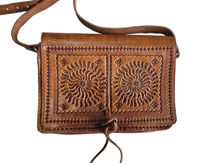 Vintage Moroccan Leather Saddle Bag, Tooled Tan Brown Crossbody Purse, Boho Embossed Shoulder Satchel