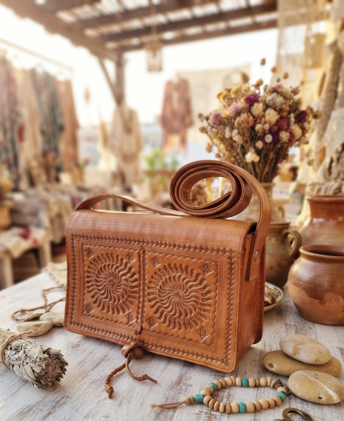Vintage Moroccan Leather Saddle Bag, Tooled Tan Brown Crossbody Purse, Boho Embossed Shoulder Satchel