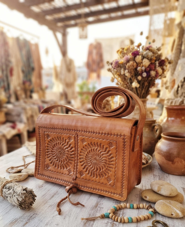Vintage Moroccan Leather Saddle Bag, Tooled Tan Brown Crossbody Purse, Boho Embossed Shoulder Satchel