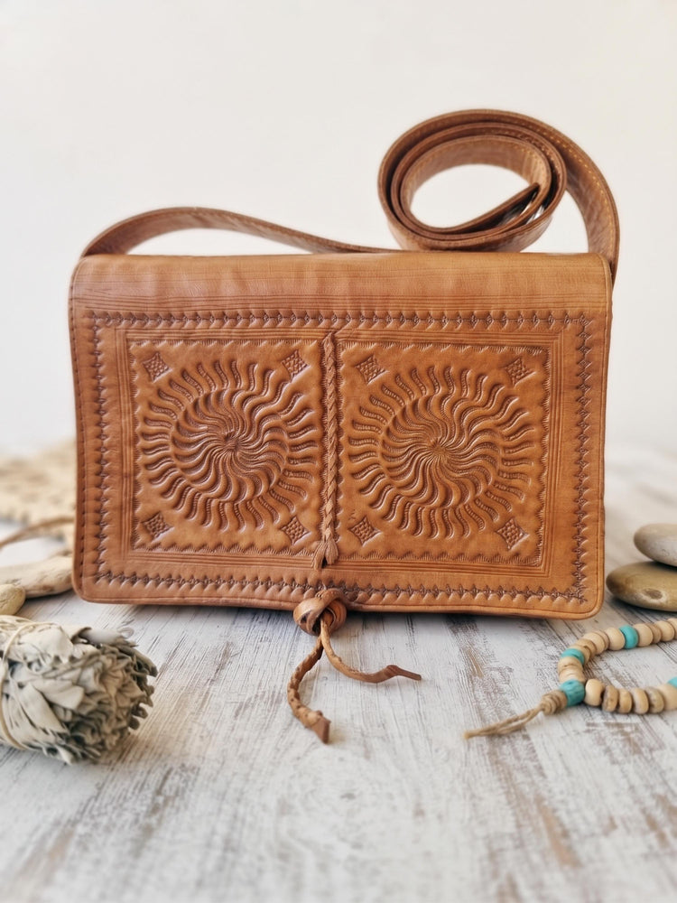 Vintage Moroccan Leather Saddle Bag, Tooled Tan Brown Crossbody Purse, Boho Embossed Shoulder Satchel