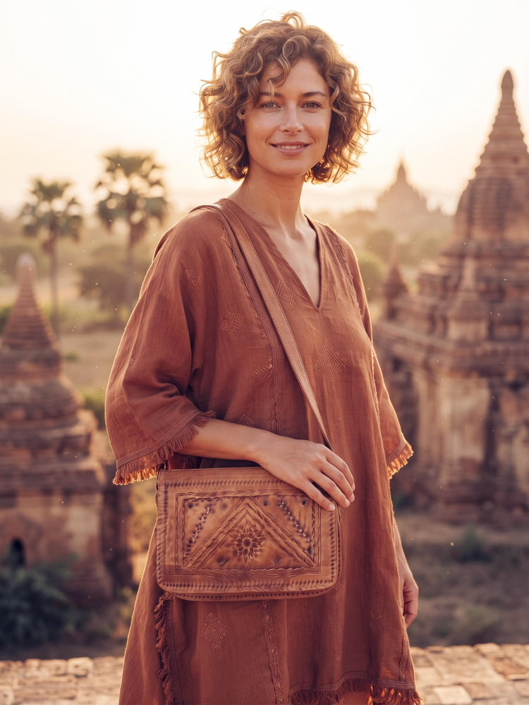 Vintage Leather Crossbody Saddle Bag, Tooled Tan Brown Moroccan Purse, Embossed Artisan Satchel
