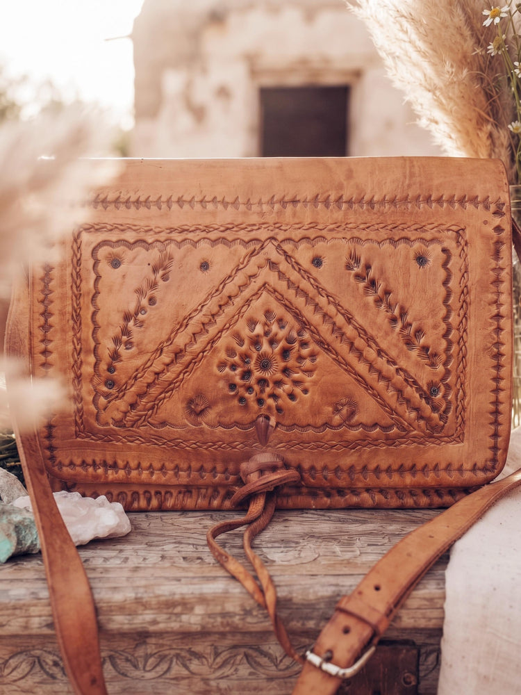 Vintage Leather Crossbody Saddle Bag, Tooled Tan Brown Moroccan Purse, Embossed Artisan Satchel