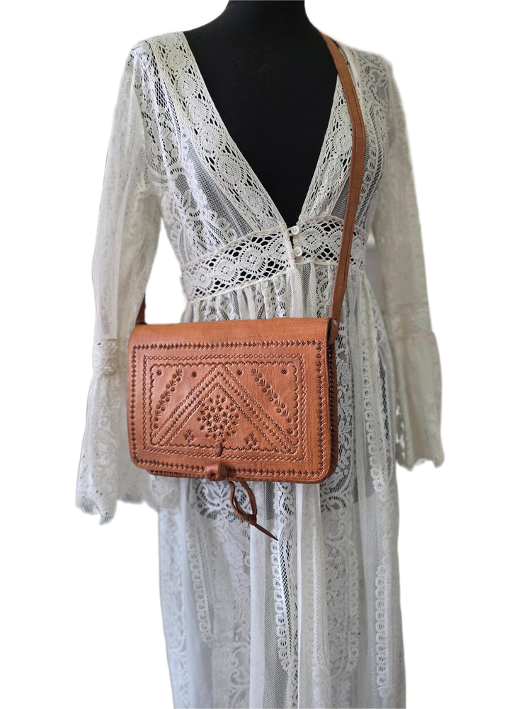 Vintage Leather Crossbody Saddle Bag, Tooled Tan Brown Moroccan Purse, Embossed Artisan Satchel