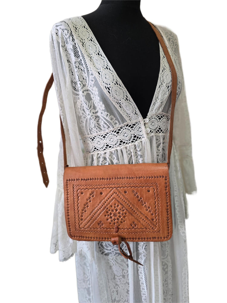 Vintage Leather Crossbody Saddle Bag, Tooled Tan Brown Moroccan Purse, Embossed Artisan Satchel
