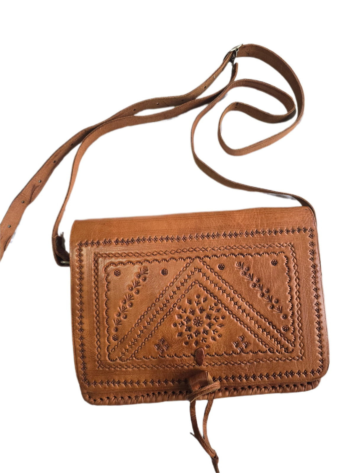 Vintage Leather Crossbody Saddle Bag, Tooled Tan Brown Moroccan Purse, Embossed Artisan Satchel