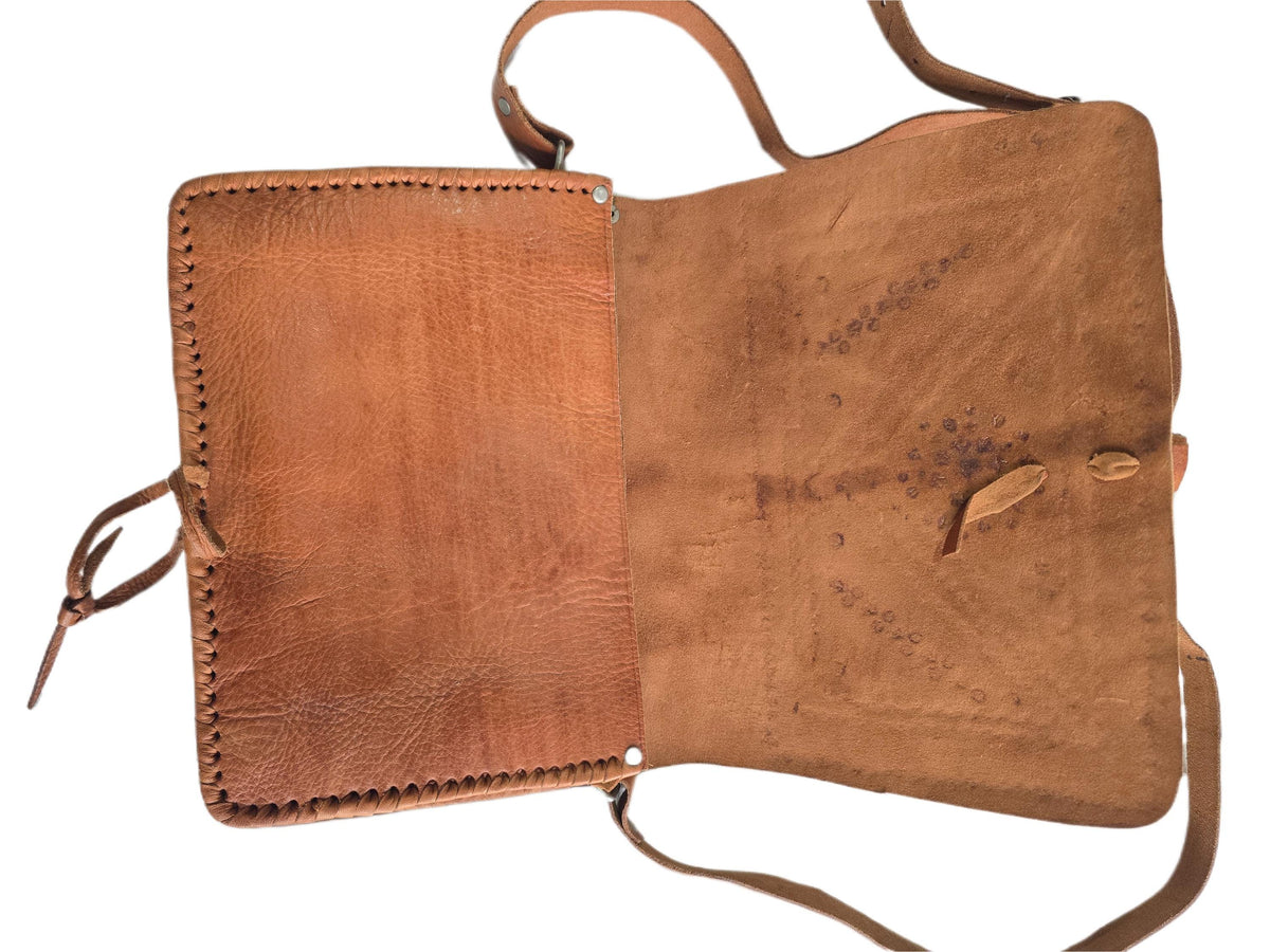Vintage Leather Crossbody Saddle Bag, Tooled Tan Brown Moroccan Purse, Embossed Artisan Satchel