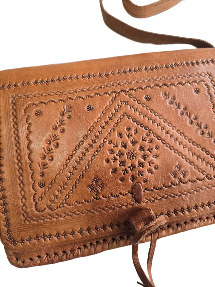 Vintage Leather Crossbody Saddle Bag, Tooled Tan Brown Moroccan Purse, Embossed Artisan Satchel
