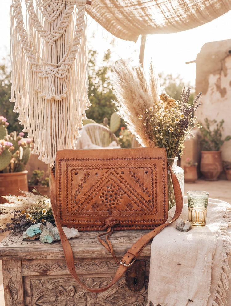 Vintage Leather Crossbody Saddle Bag, Tooled Tan Brown Moroccan Purse, Embossed Artisan Satchel