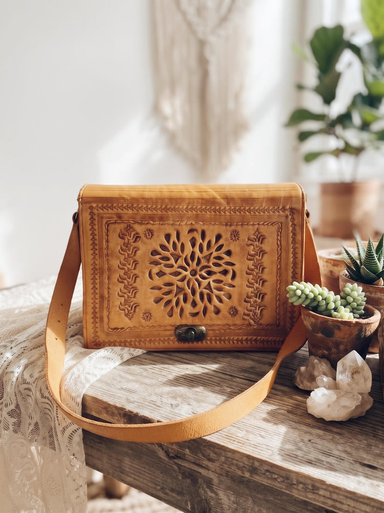 Moroccan Leather Saddle Bag, Vintage Tooled Crossbody Purse, Mustard Yellow Embossed Boho Satchel
