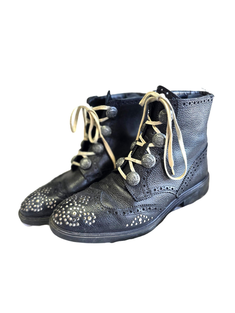 Zara Silver Studded Black Leather Boots, Lace Up Brogue Combat Ankle Boots, Punk Grunge Unisex Shoes EU 41 UK 7