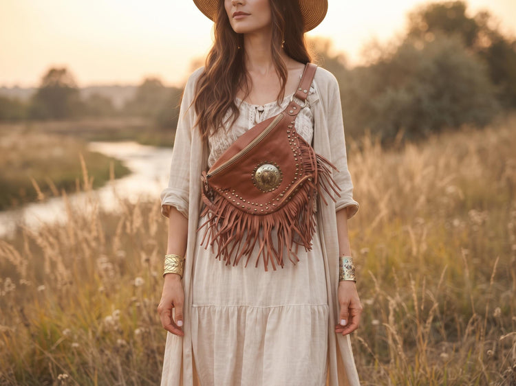 Studded leather bum bag with fringe - women hip bag vintage style - western festival outfit