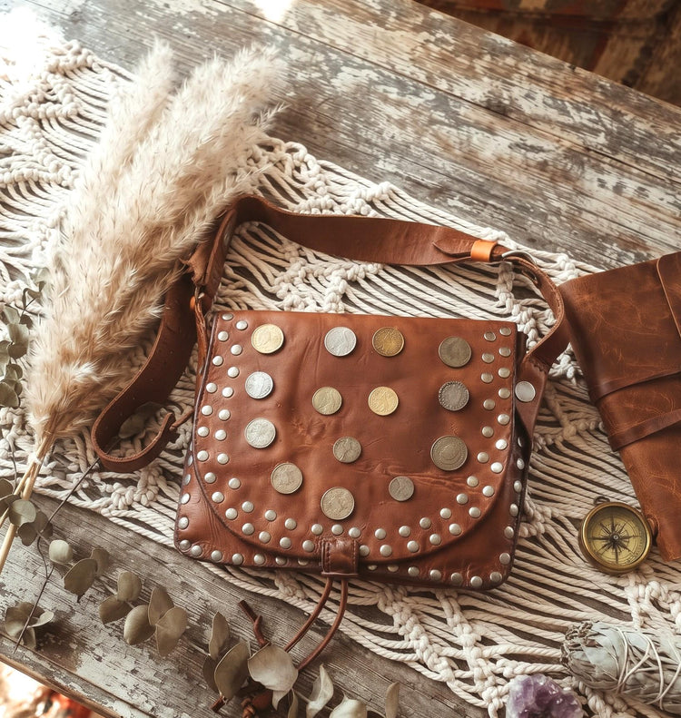 Moroccan Coin Leather Bag, Vintage Brown Boho Crossbody Purse, Studded Tribal Hippie Saddle Bag