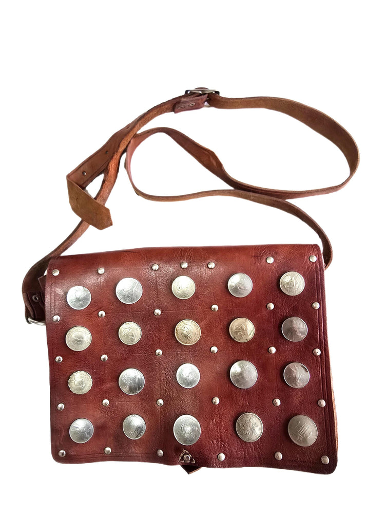 Moroccan Coin Leather Satchel, Vintage Boho Messenger Bag, Studded Brown Leather Crossbody Purse