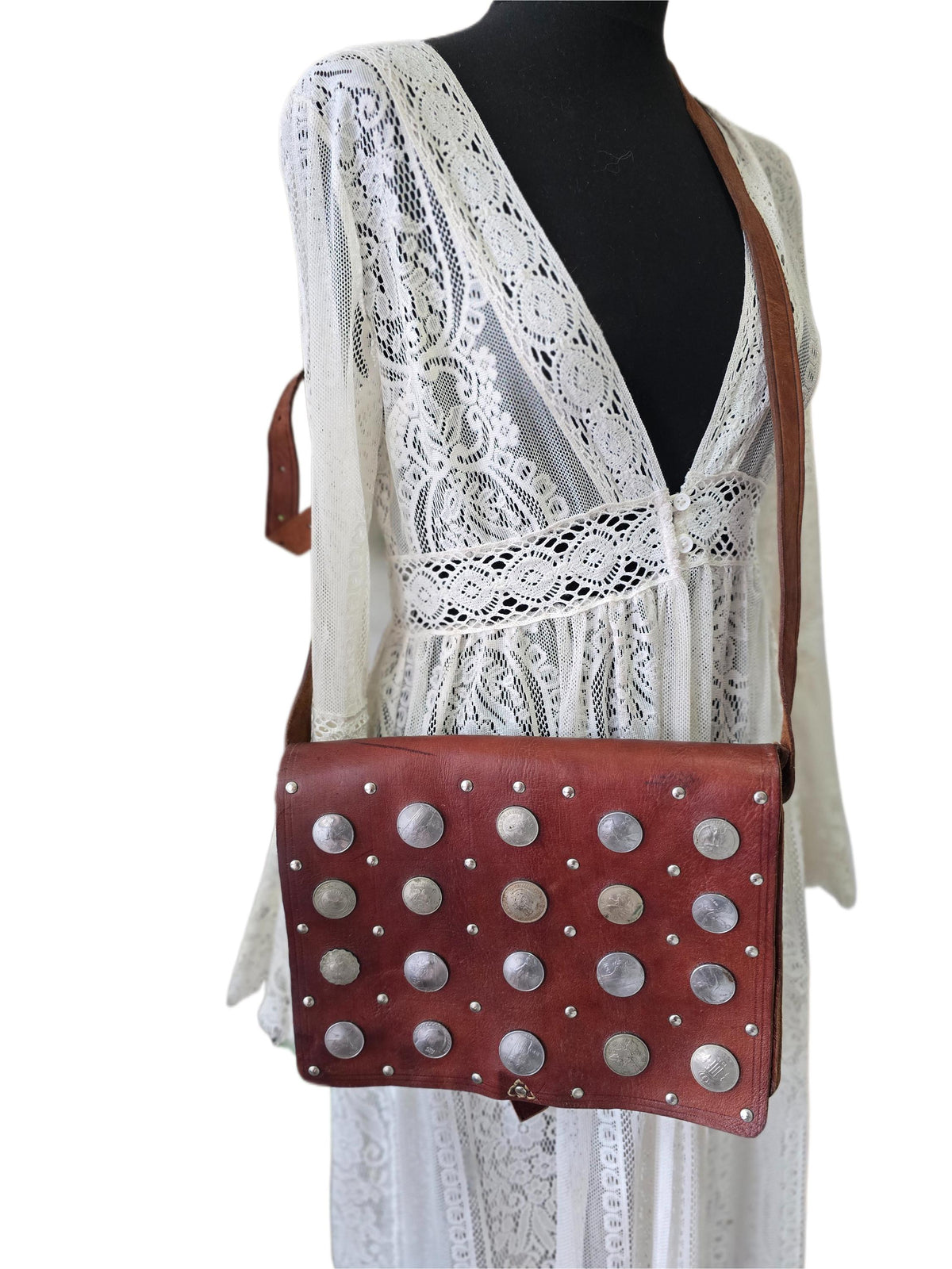 Moroccan Coin Leather Satchel, Vintage Boho Messenger Bag, Studded Brown Leather Crossbody Purse
