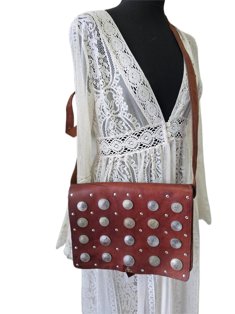 Moroccan Coin Leather Satchel, Vintage Boho Messenger Bag, Studded Brown Leather Crossbody Purse