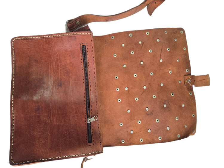 Moroccan Coin Leather Satchel, Vintage Boho Messenger Bag, Studded Brown Leather Crossbody Purse