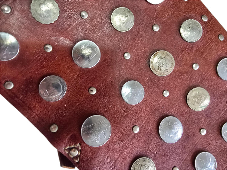 Moroccan Coin Leather Satchel, Vintage Boho Messenger Bag, Studded Brown Leather Crossbody Purse