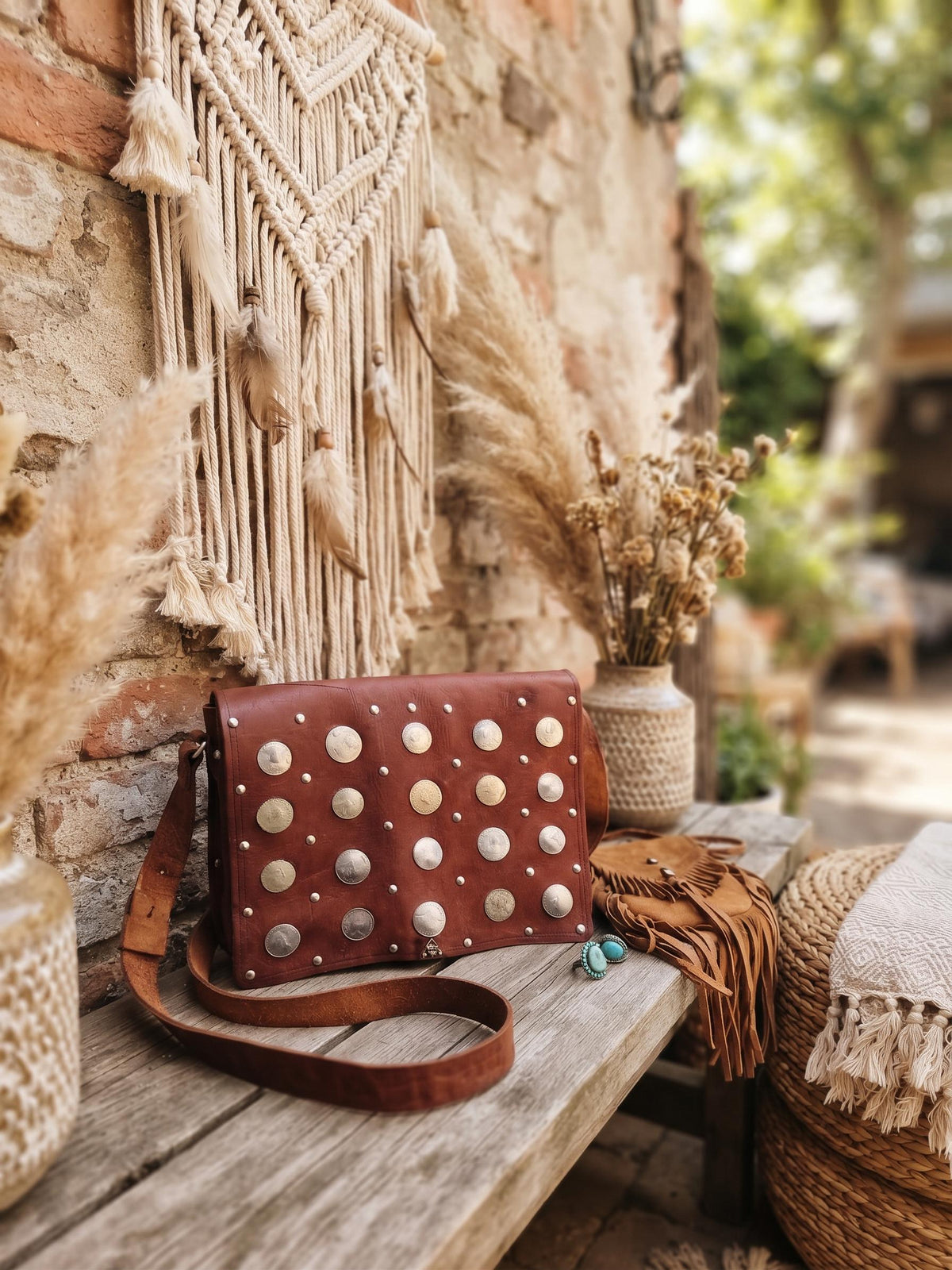 Moroccan Coin Leather Satchel, Vintage Boho Messenger Bag, Studded Brown Leather Crossbody Purse
