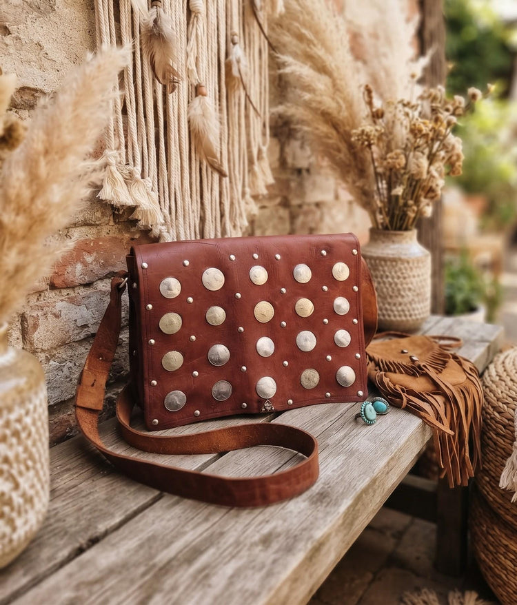 Moroccan Coin Leather Satchel, Vintage Boho Messenger Bag, Studded Brown Leather Crossbody Purse