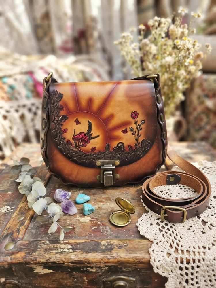 Fly Agaric Mushroom Leather Bag, Vintage Tooled Boho Shoulder Purse, Embossed Sun & Floral Hippie Handbag
