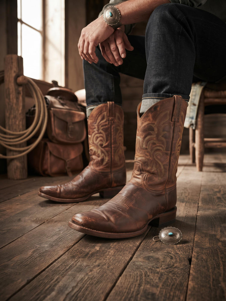 Vintage American Made Cowboy Boots UK 9.5, Leather Western Boots US 10.5, Mid Calf Ranch Boots, Rustic Mens Festival Footwear 44