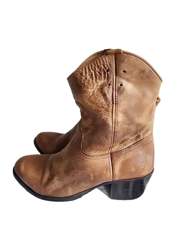 Vintage Brown Leather Ankle Boots, Tan Boho Booties, Western Cowgirl Shoes, Hippie Festival Boots, Genuine Leather Boots UK 5 EU 38