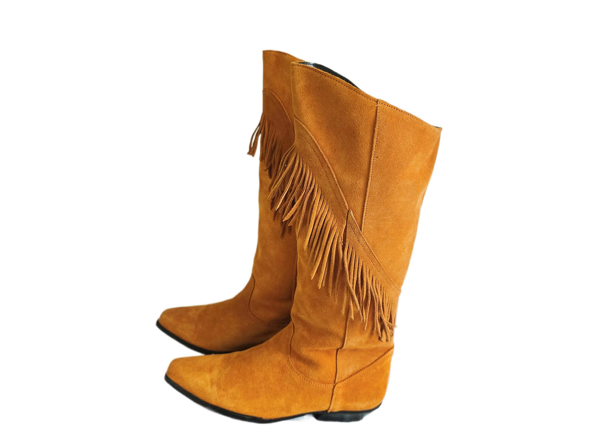 Boho Suede Fringe Cowgirl Boots 39, Western Knee High Boots UK 6, Shoes, Womens Hippie Festival Boots US 8