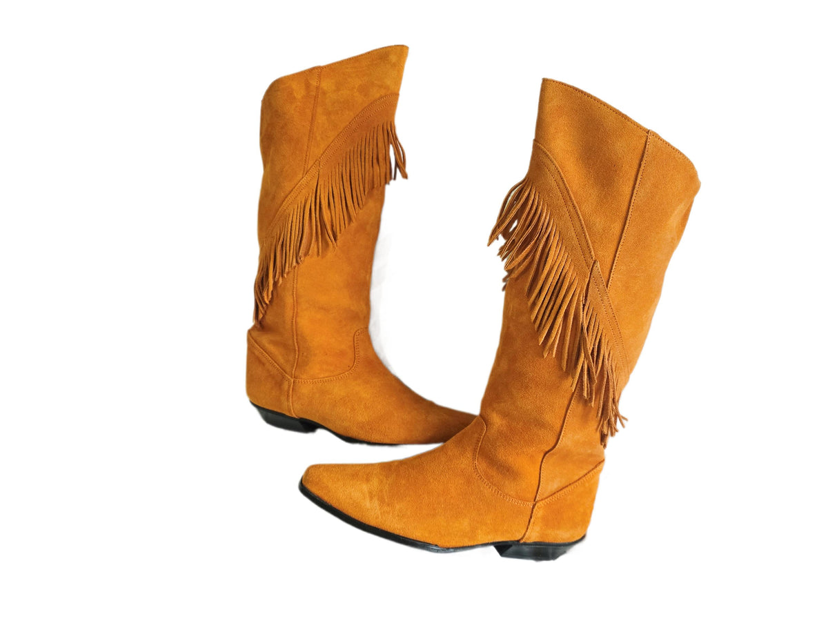 Boho Suede Fringe Cowgirl Boots 39, Western Knee High Boots UK 6, Shoes, Womens Hippie Festival Boots US 8