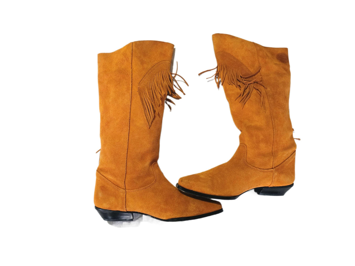 Boho Suede Fringe Cowgirl Boots 39, Western Knee High Boots UK 6, Shoes, Womens Hippie Festival Boots US 8