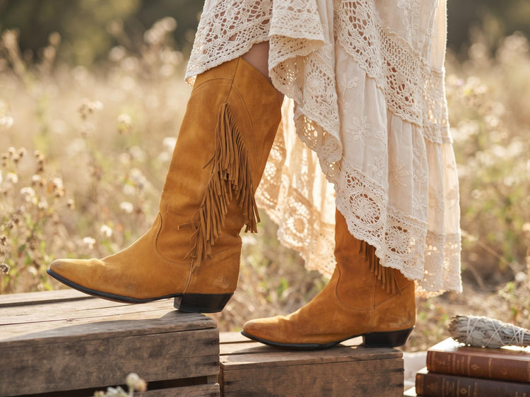 Boho Suede Fringe Cowgirl Boots 39, Western Knee High Boots UK 6, Shoes, Womens Hippie Festival Boots US 8