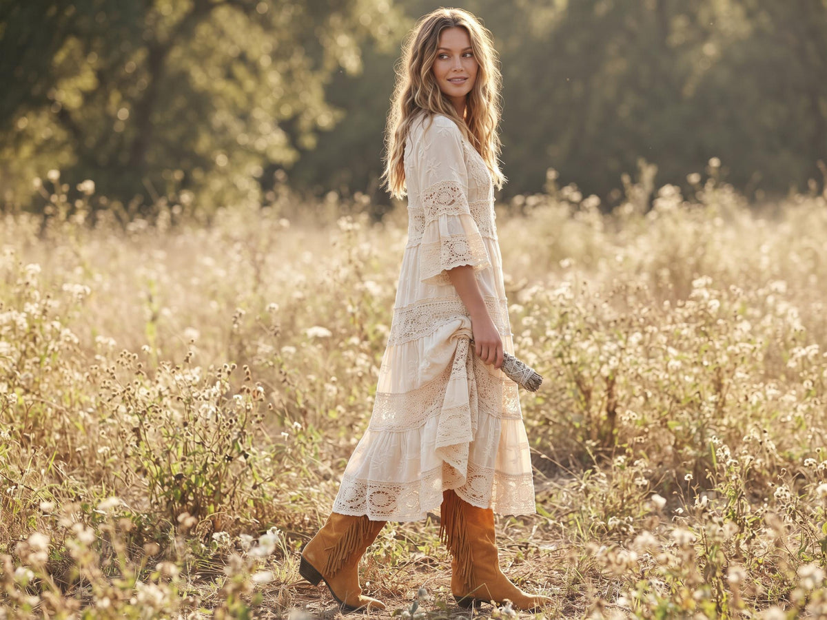Boho Suede Fringe Cowgirl Boots 39, Western Knee High Boots UK 6, Shoes, Womens Hippie Festival Boots US 8