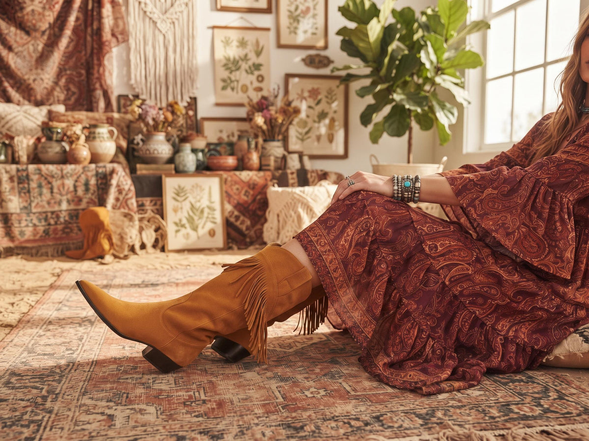 Boho Suede Fringe Cowgirl Boots 39, Western Knee High Boots UK 6, Shoes, Womens Hippie Festival Boots US 8
