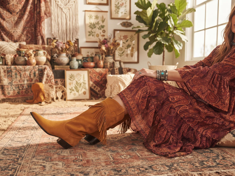 Boho Suede Fringe Cowgirl Boots 39, Western Knee High Boots UK 6, Shoes, Womens Hippie Festival Boots US 8