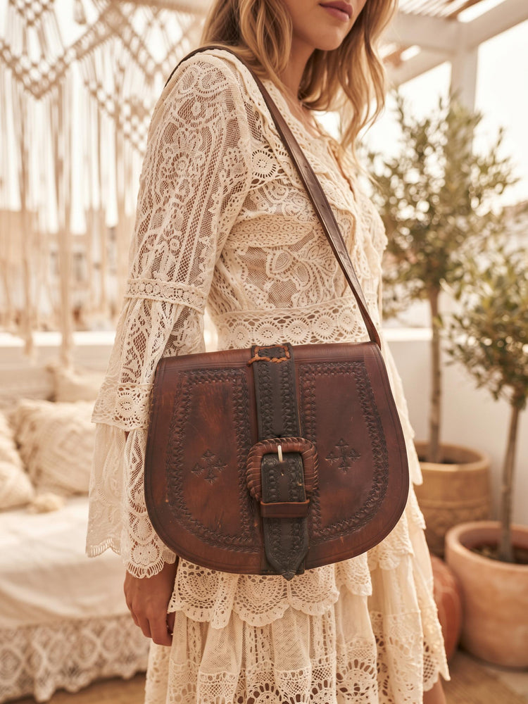 Moroccan Leather Crossbody Bag, Dark Brown Tooled Leather Purse, Large Buckle Boho Handbag, Embossed Vintage Shoulder Bag