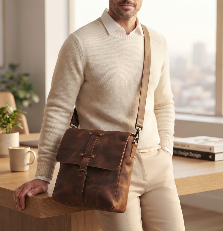 Mens Full Grain Leather Messenger Bag, Rustic Brown Crossbody Satchel, Handmade Leather Work Bag, Vintage Style Travel Shoulder Bag