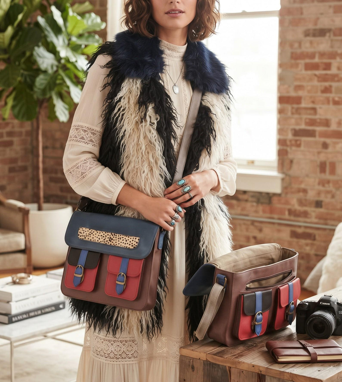 Multicoloured Leather Messenger Bag, Boho Laptop Crossbody Briefcase, Unique Cowhide Purse Colour Block, Medium 12" Satchel Women