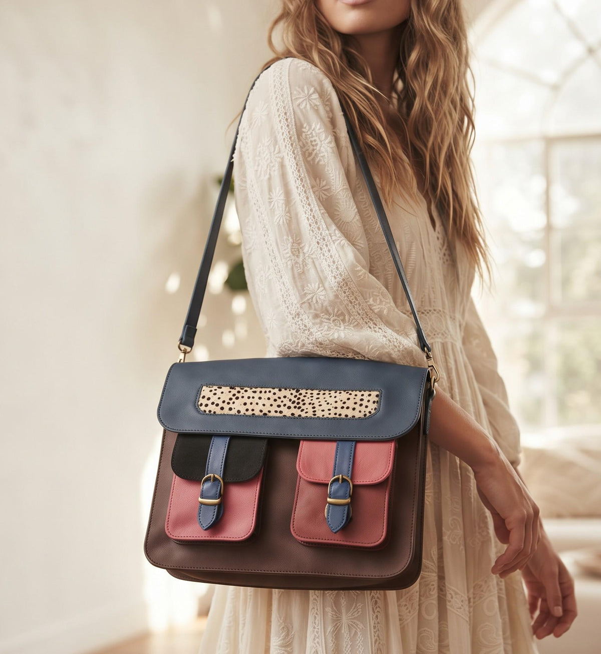 Multicoloured Leather Messenger Bag, Boho Laptop Crossbody Briefcase, Unique Cowhide Purse Colour Block, Medium 12" Satchel Women