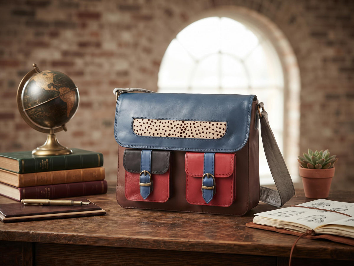 Multicoloured Leather Messenger Bag, Boho Laptop Crossbody Briefcase, Unique Cowhide Purse Colour Block, Medium 12" Satchel Women