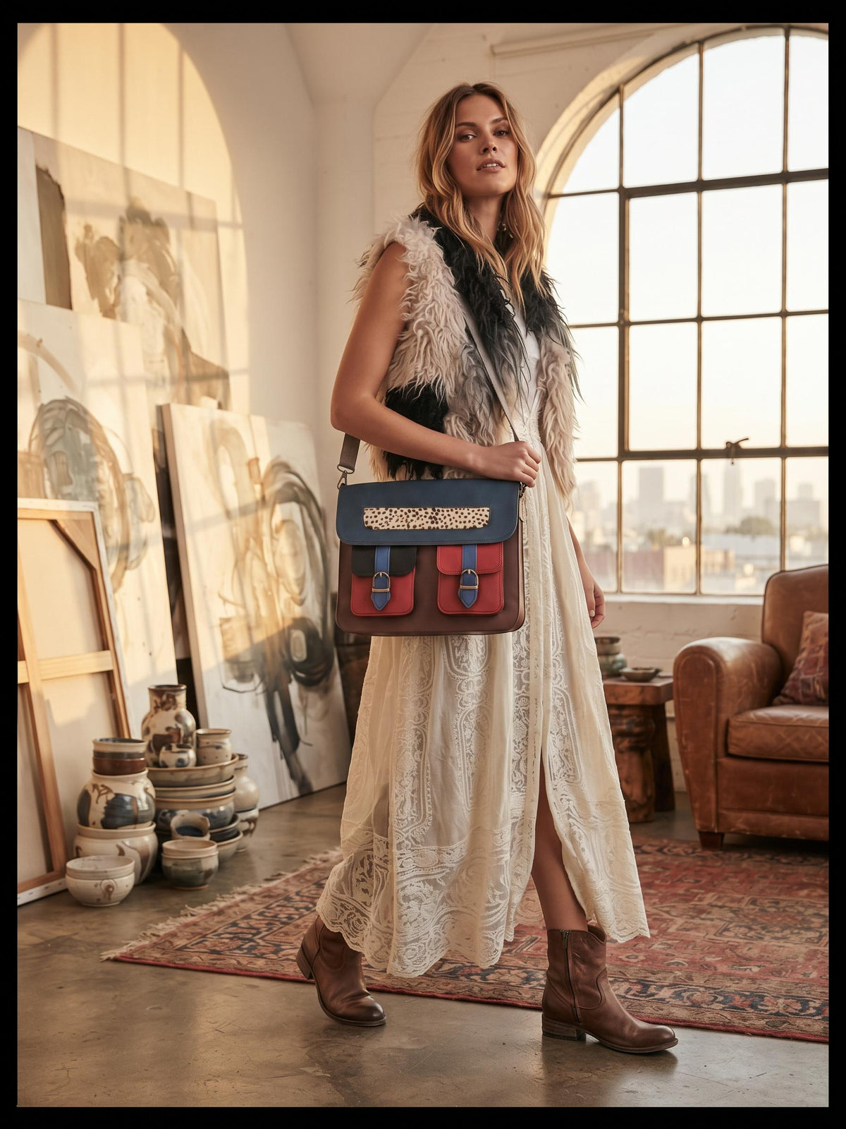 Multicoloured Leather Messenger Bag, Boho Laptop Crossbody Briefcase, Unique Cowhide Purse Colour Block, Medium 12" Satchel Women