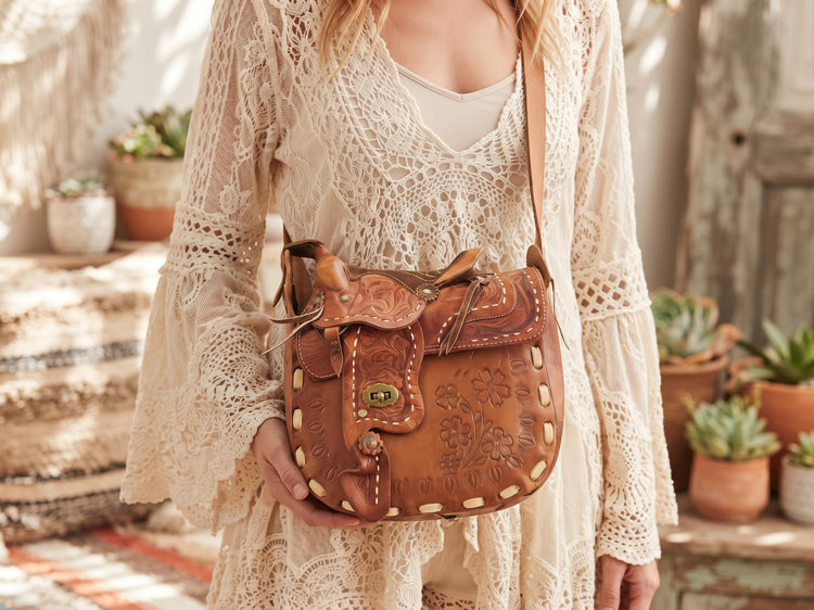 Vintage Western Crossbody Leather Bag, Horse Saddle Purse, Tooled Floral Cowgirl Bag, Boho Hippie Satchel, Equestrian Accessories
