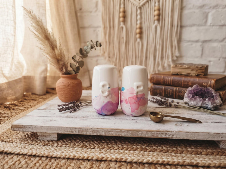 Unique Cotton Candy Salt and Pepper Shakers, Pink Purple Blue Marbled Ceramic Cruet Set, Handmade Kitchen Gift