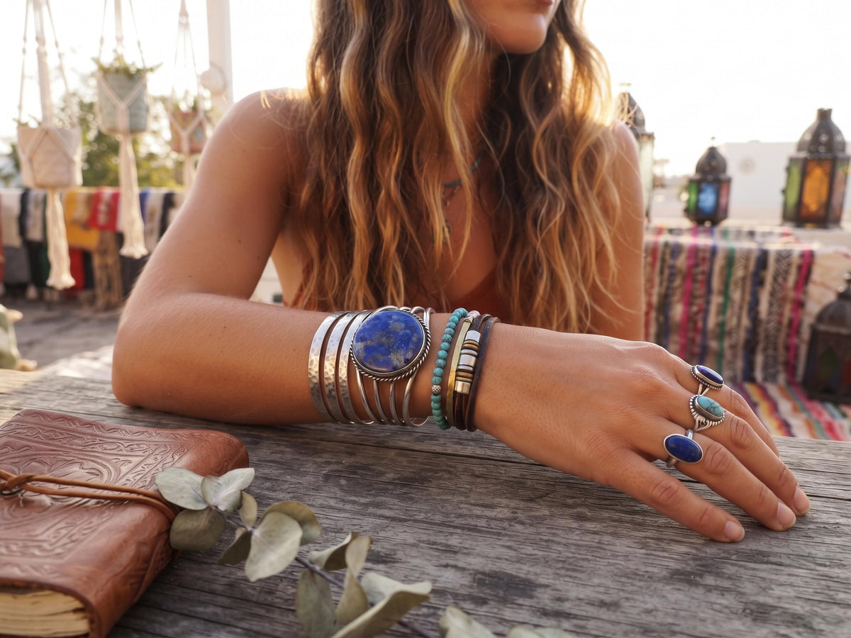Lapis Lazuli Stone Bangle Bracelet: Sterling Silver Plated Boho Cuff Bracelet