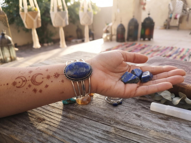 Lapis Lazuli Stone Bangle Bracelet: Sterling Silver Plated Boho Cuff Bracelet