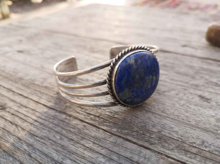 Lapis Lazuli Stone Bangle Bracelet: Sterling Silver Plated Boho Cuff Bracelet
